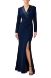 Adrianna Papell Satin Trim Crepe Tuxedo Gown In Midnight