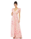 Mac Duggal Floral Print Cutout Chiffon Gown In Pink Multi
