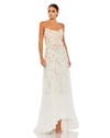 Mac Duggal Beaded Flower Cami Ruffled High Low Lace Up Gown In White Multi