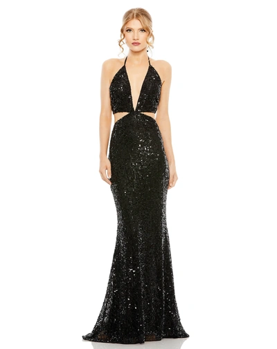 Mac Duggal Cut Out Halter Tie Back Sequin Gown In Black