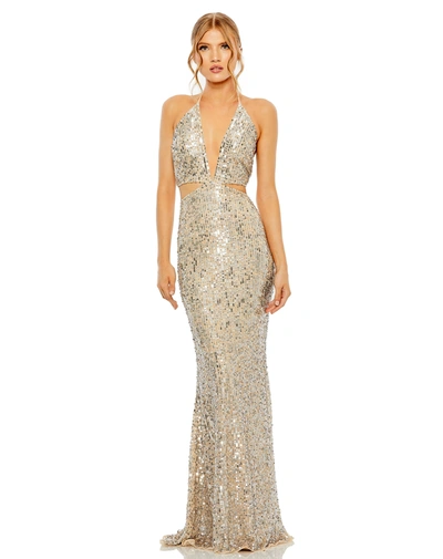 Mac Duggal Cut Out Halter Tie Back Sequin Gown In Silver