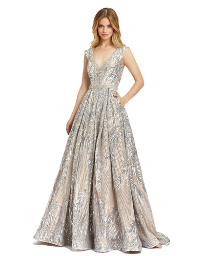 Mac Duggal Embellished Cap Sleeve V Neck Evening Gown In Silver