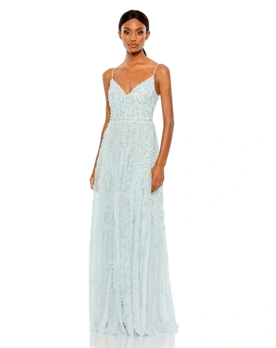 Mac Duggal Embellished Ruffled Spaghetti Strap A Line Gown In Seamist