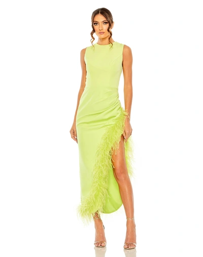 Ieena For Mac Duggal Feather Sleeveless Faux Wrap Dress In Lime