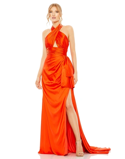 Mac Duggal Halter Neck Ruffle Side Slit Gown In Orange