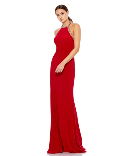 Ieena For Mac Duggal Halter Rhinestone Accented Evening Gown In Red