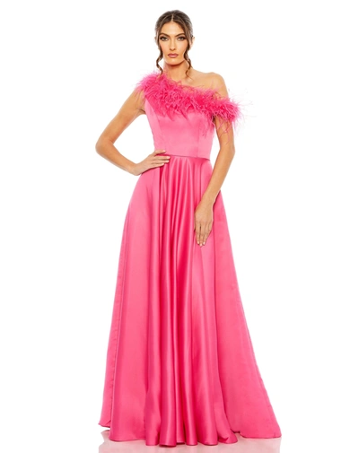 Mac Duggal One Shoulder A Line Gown With Feather Detail In Hot Pink