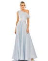 Mac Duggal One Shoulder A Line Gown With Feather Detail In Powder Blue