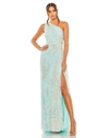 Mac Duggal One Shoulder Side Cut Embellished Gown In Mint