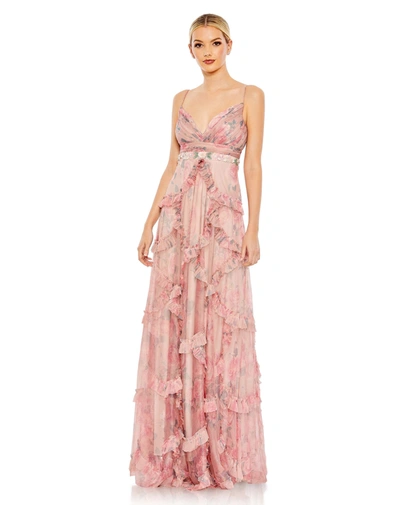 Mac Duggal Ruffled Sleeveless V Neck A-line Gown In Rose Pink