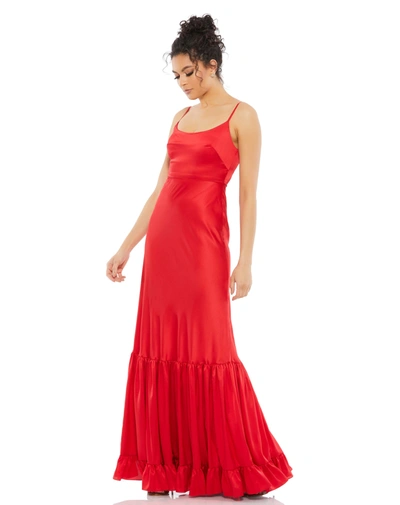 Ieena For Mac Duggal Scoop Neck Satin Gown In Red
