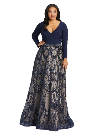 Mac Duggal Two Tone Embellished Wrap Over Long Sleeve Gown In Midnight