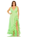 MAC DUGGAL PLUNGE NECK SLEEVELESS RUFFLE TIERED FRONT SLIT GOWN - FINAL SALE