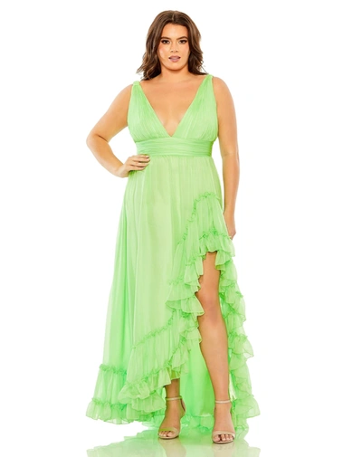 Mac Duggal V Neck Sleeveless Ruffle Tiered Front Slit Gown In Mojito