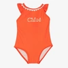 CHLOÉ GIRLS CORAL ORANGE LOGO SWIMSUIT