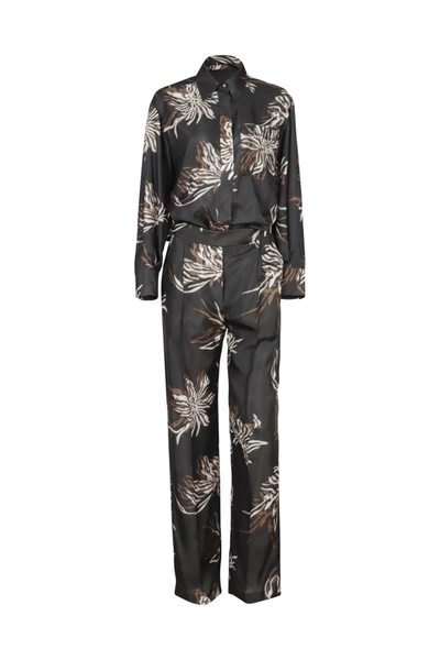 Brunello Cucinelli Silk Marine Flower Pongee Jumpsuit With Shiny Pocket In Grey