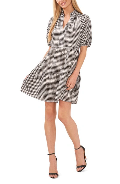 Cece Check Floral Embroidered Babydoll Minidress In Rich Black