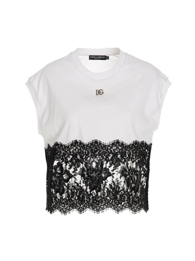Dolce & Gabbana Lace-trim Cap-sleeve T-shirt In Monochrome