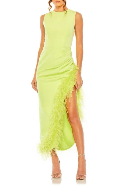 Mac Duggal Feather Trim Asymmetric Dress In Lime