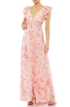 Mac Duggal Floral Print Cutout Chiffon Gown In Pink Multi