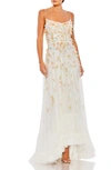 Mac Duggal Beaded Flower Cami Ruffled High Low Lace Up Gown In White Multi