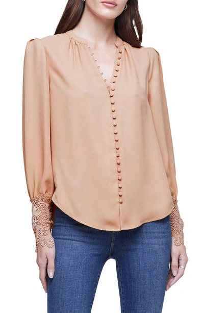 L Agence Ava Lace Cuff Button-up Blouse In Praline