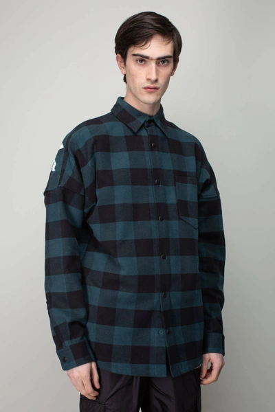 Palm Angels Check Overshirt With Curved Logo Print In Green