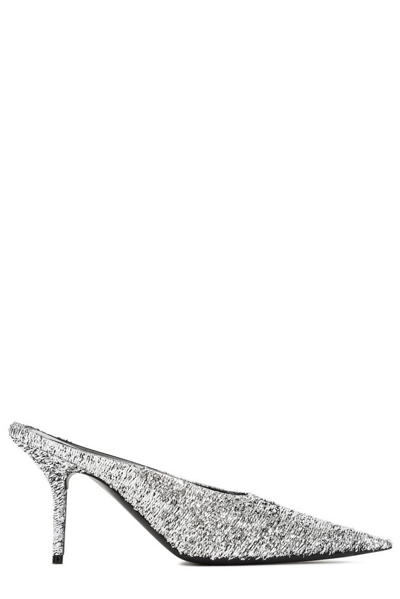 Balenciaga Glitter Embellished Pointed Toe Mules In Silver