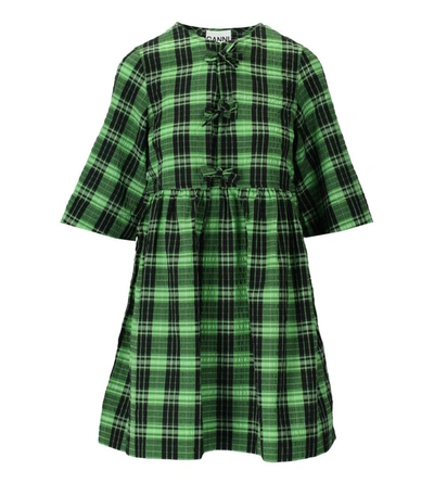 Ganni Checked Seersucker Mini Dress In Green