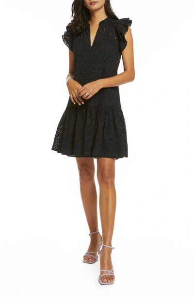 Robert Graham Savannah Flutter-sleeve Eyelet Shift Dress In Black