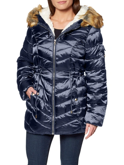 Jessica Simpson Womens Faux Fur Water Resistant Puffer Coat In Blue