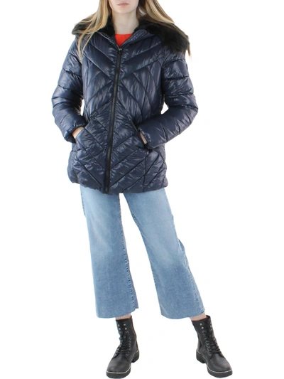 Jessica Simpson Womens Faux Fur Warm Quilted Coat In Blue