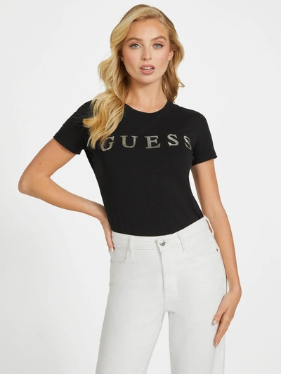 Guess Factory Pepper Rhinestone Logo Tee In Black