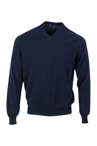Colombo Long-sleeved V-neck Sweater In Fine 2-ply 100% Kid Cashmere With Special Processing On The Edge Of T In Blue