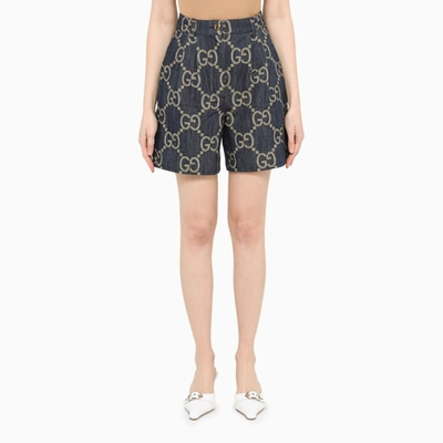 Gucci Gg-jacquard Leather-trim Denim Shorts In Blue