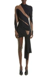 MUGLER ASYMMETRIC ILLUSION MESH LONG SLEEVE JERSEY MINIDRESS