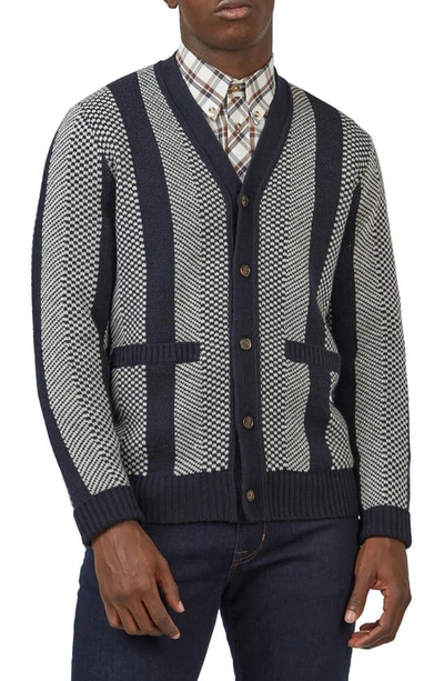 Ben Sherman Men's Jacquard V-neck Striped Button-front Cardigan Sweater In Dark Navy