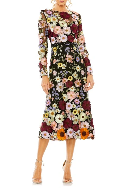 Mac Duggal Hand Stitched Floral Embellished High Neck A-line Dress In Black Multi