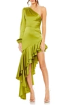Mac Duggal One-shoulder Ruffle Charmeuse Long Sleeve Cocktail Dress In Apple Green