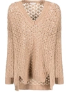 Agnona Beige Open-knit Sweater With V-neckline In Brown
