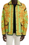 Versace Barocco Print Quilted Jacket In Lime/ Gold