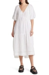 Frame Puff Sleeve Eyelet Midi Dress In White