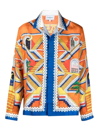 Casablanca Orange And Blue Escalier Infinite Print Silk Shirt In Multi-colored