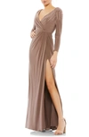 MAC DUGGAL LONG SLEEVE FAUX WRAP JERSEY GOWN