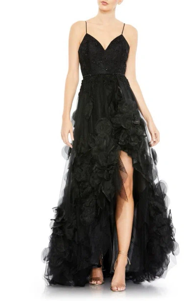 Mac Duggal Embellished Floral High Low Sleeveless Gown In Black