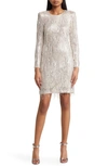 ELIZA J SEQUIN FRINGED LONG SLEEVE COCKTAIL DRESS