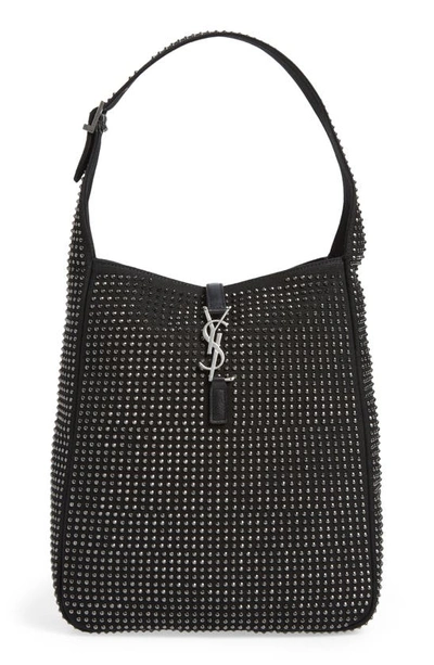 Saint Laurent Le 5a7 Allover Crystal Canvas North-south Hobo Bag In Nero