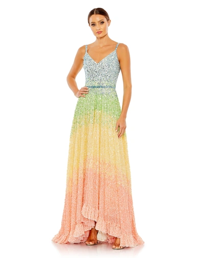 Mac Duggal Sequined Rainbow Sleeveless High Low Gown In Multi
