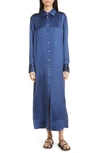 Loulou Studio Satin Tea-length Shirtdress In Navy