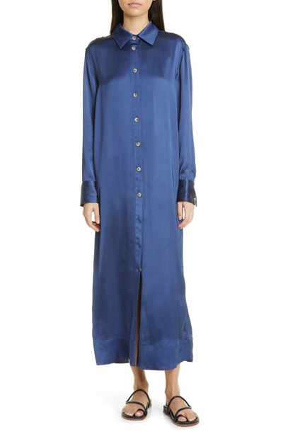 Loulou Studio Satin Tea-length Shirtdress In Navy